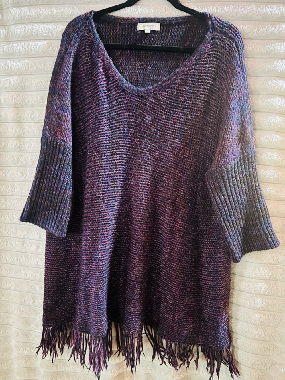Umgee Purple Mixed-Knit V-Neck Fringe Sweater